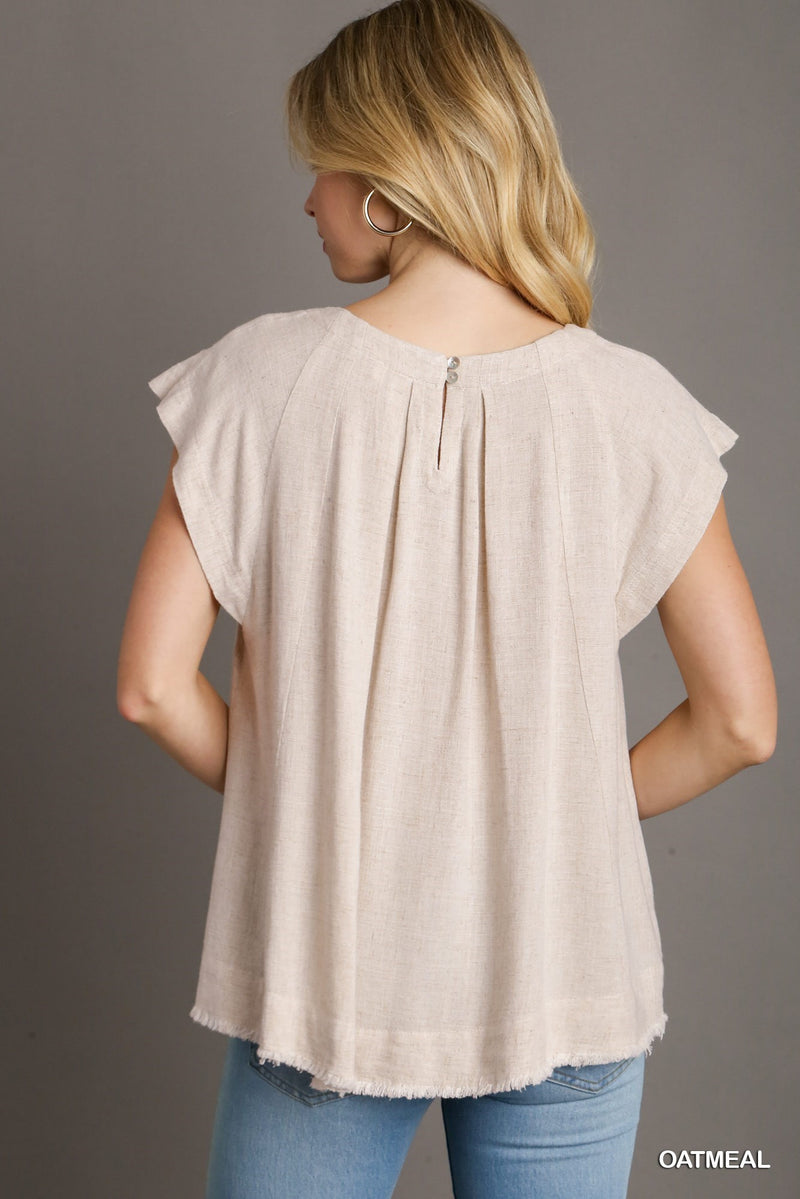 Pleated Round Neck Boxy Cut Top - Oatmeal