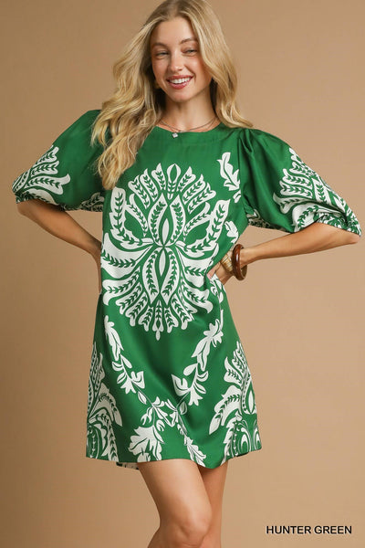 Floral pattern hunter green mini dress