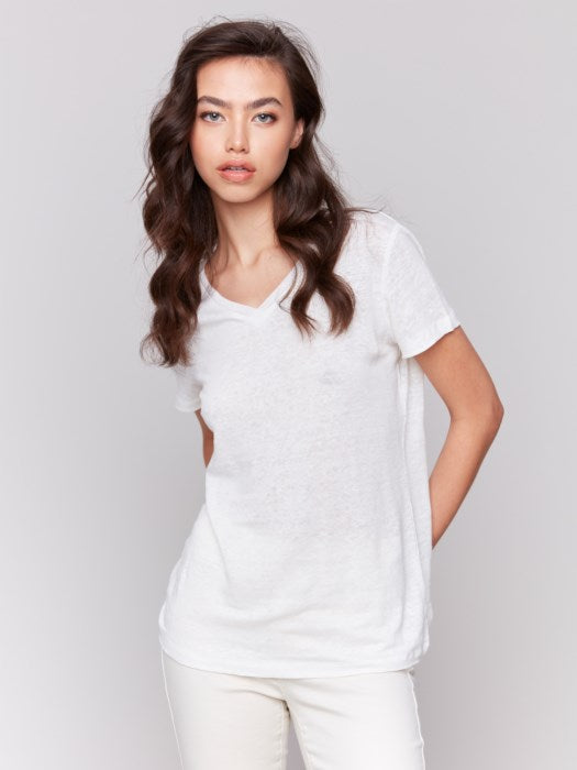 Charlie B Linen Jersey Knit V-Neck T-Shirt - Natural