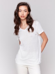 Charlie B Linen Jersey Knit V-Neck T-Shirt With Short Sleeves And Neckband Detail - Natural