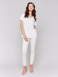 Charlie B Linen Jersey Knit V-Neck T-Shirt With Short Sleeves And Neckband Detail - Natural