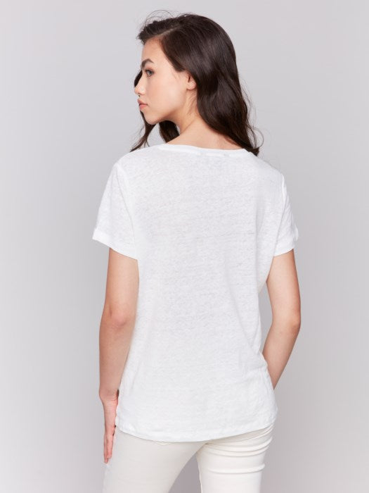 Charlie B Linen Jersey Knit V-Neck T-Shirt - Natural