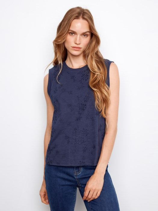 Charlie B  Sleeveless Crew Neck T-Shirt With All Over Embroidery - Navy