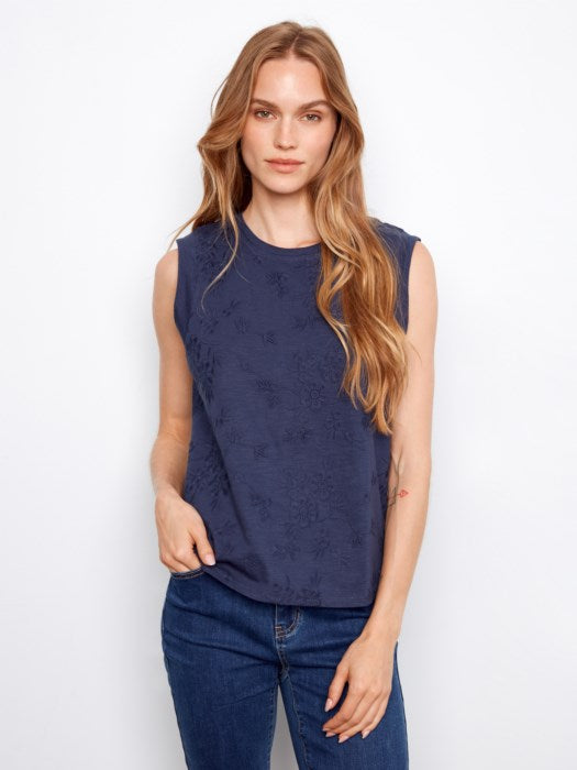 Charlie B  Sleeveless Crew Neck T-Shirt With All Over Embroidery - Navy