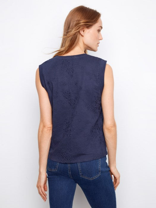 Charlie B  Sleeveless Crew Neck T-Shirt With All Over Embroidery - Navy
