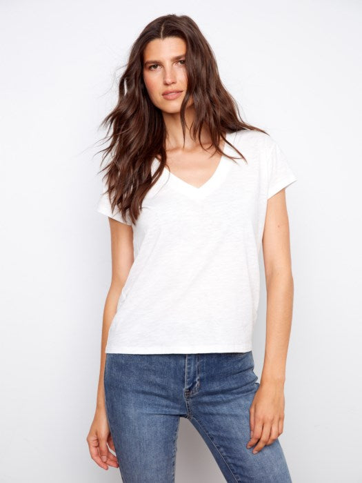 Charlie B Organic Cotton Drop Shoulder V-Neck T-Shirt - White
