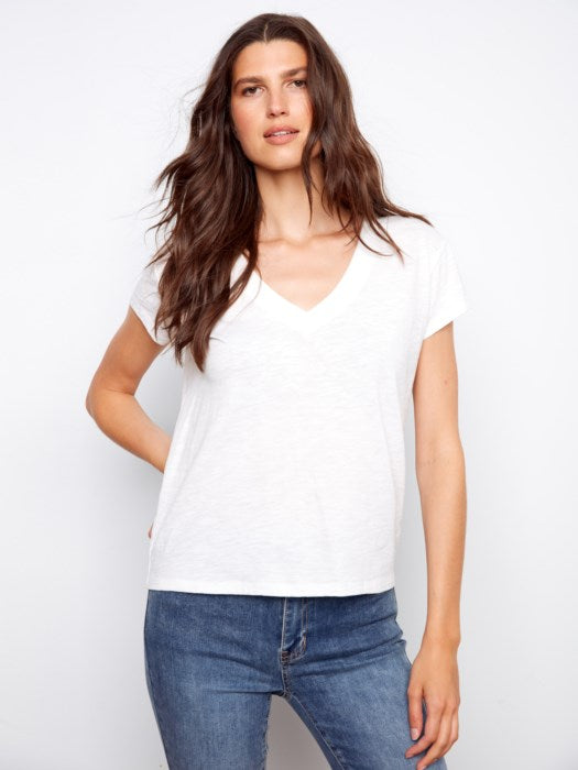 Charlie B Organic Cotton Drop Shoulder V-Neck T-Shirt - White