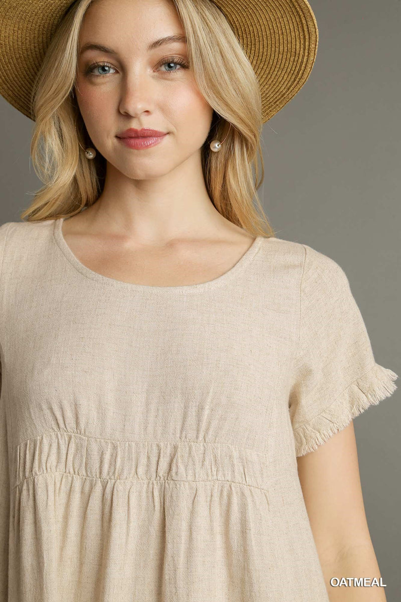 Linen Blend Short Sleeve Dress With Ruffle Trim - Oatmeal