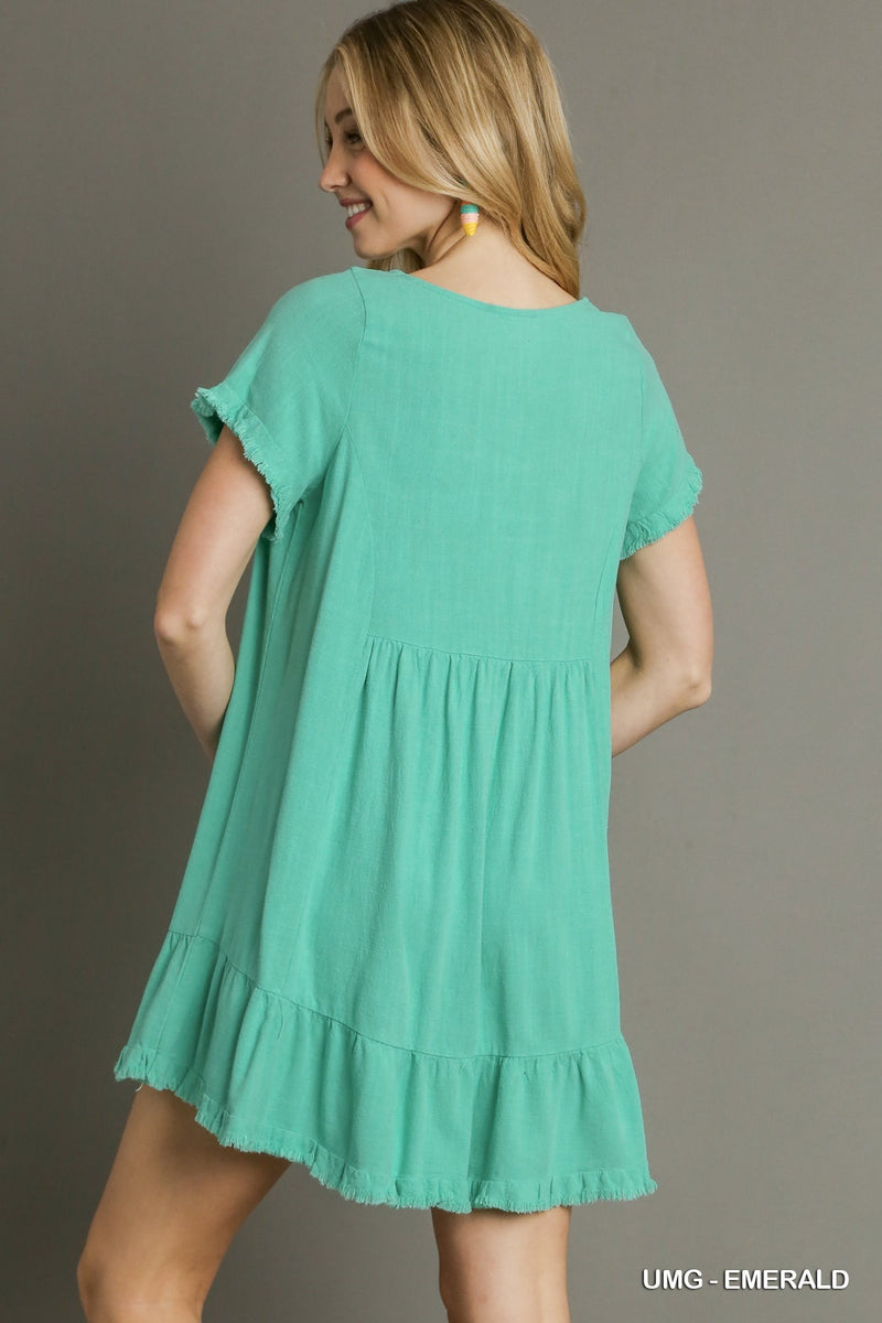 Linen Blend Short Sleeve Dress With Ruffle Trim - Emerald