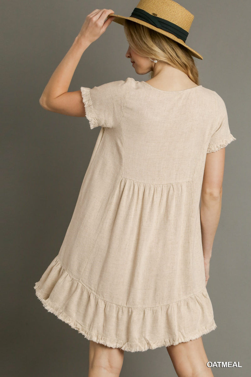 Linen Blend Short Sleeve Dress With Ruffle Trim - Oatmeal