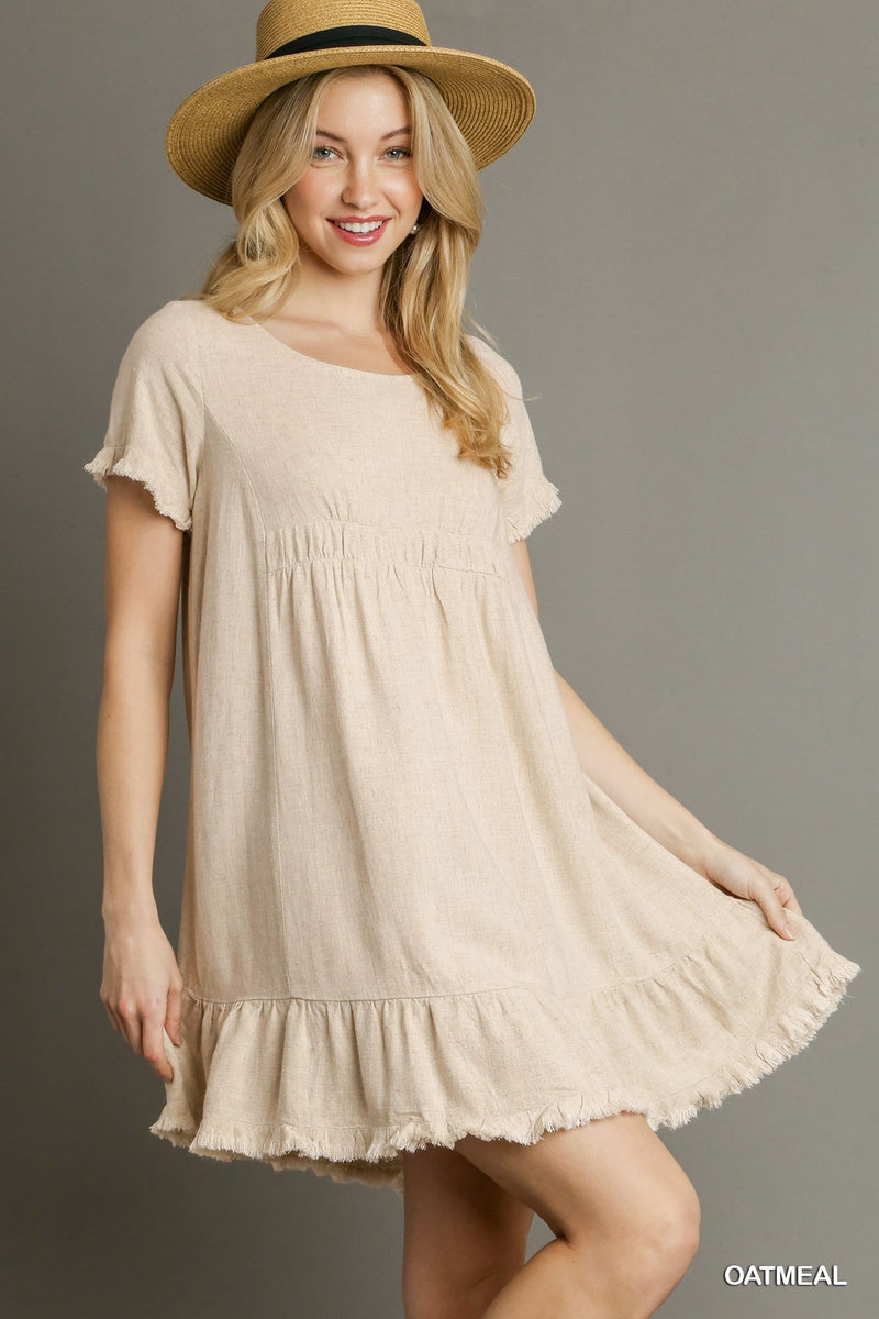 Linen Blend Short Sleeve Dress With Ruffle Trim - Oatmeal