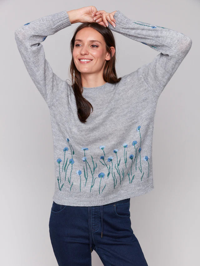 Charlie B. Plushy Knit Embroidered Flower Sweater - C2673