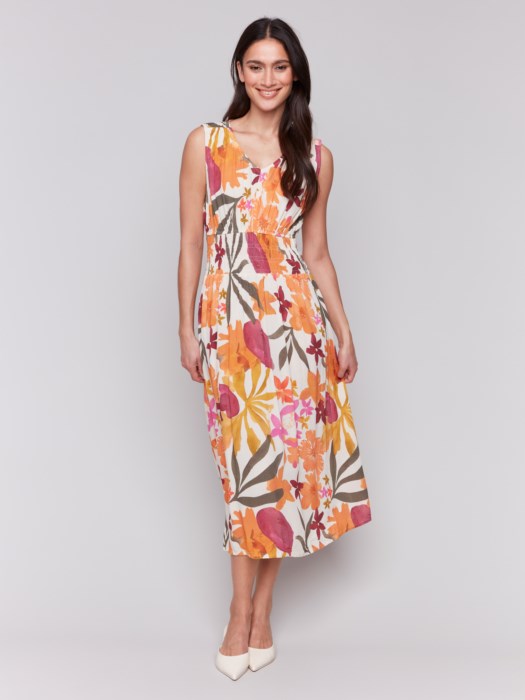 Charlie B Printed Sleeveless V Neck Dress With Ruching At Empire Waist - Bouquet