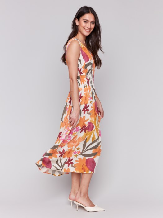 Charlie B Printed Sleeveless V Neck Dress With Ruching At Empire Waist - Bouquet