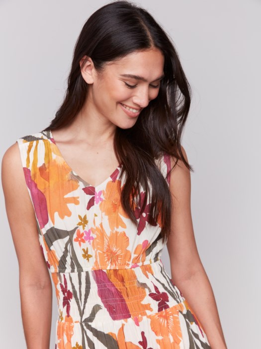 Charlie B Printed Sleeveless V Neck Dress With Ruching At Empire Waist - Bouquet