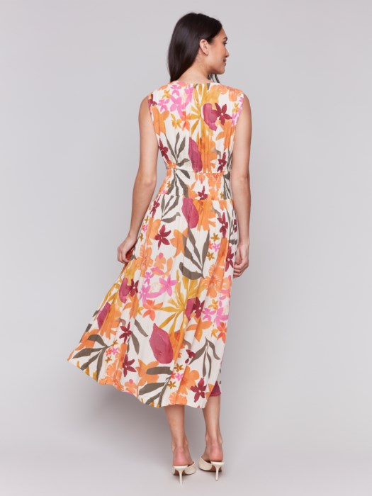 Charlie B Printed Sleeveless V Neck Dress With Ruching At Empire Waist - Bouquet