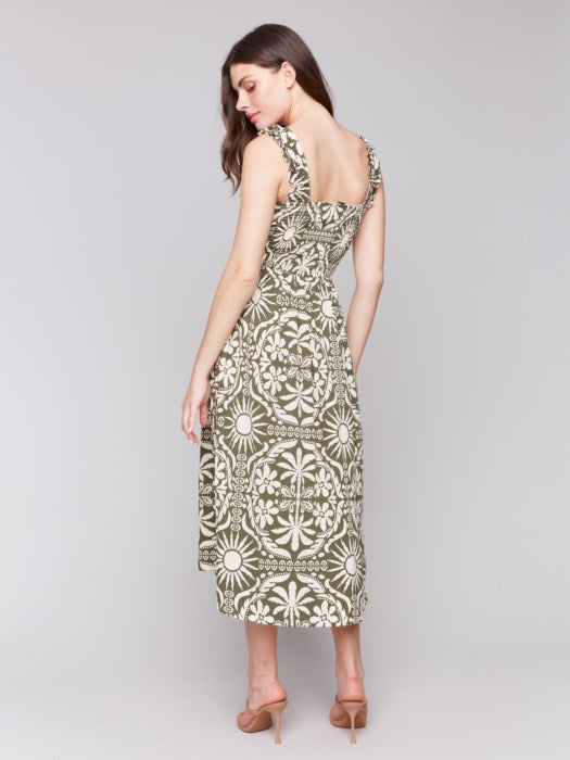 Charlie B Printed Midi Length Sleeveless dress With Shirring Detail - Celadon