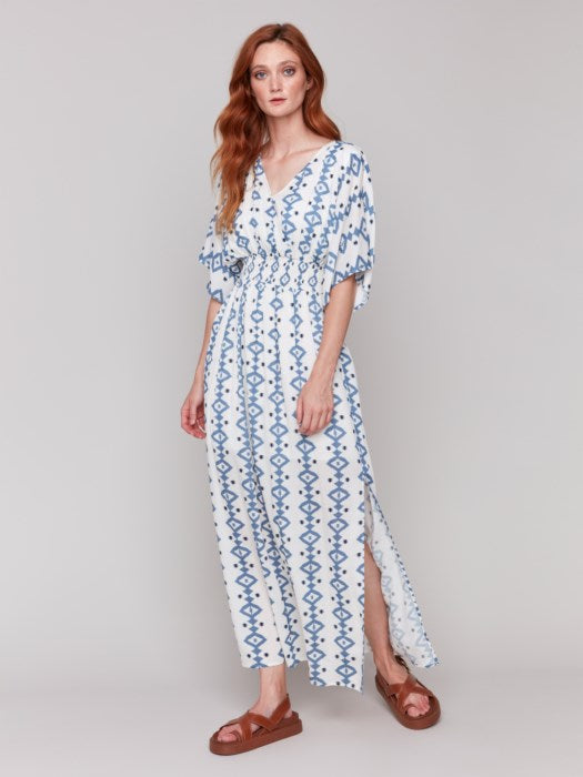 Charlie B Printed Dolman Sleeve Maxi Dress with Side Slits