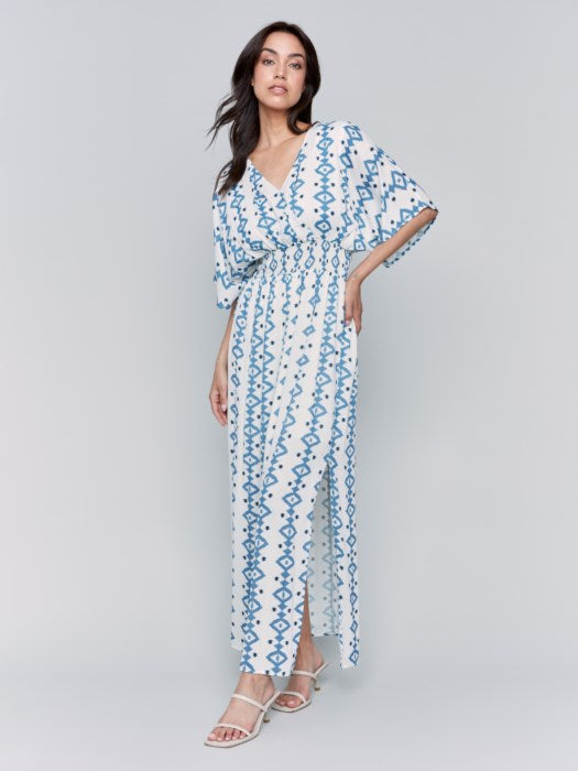 Charlie B Printed Dolman Sleeve Maxi Dress with Side Slits