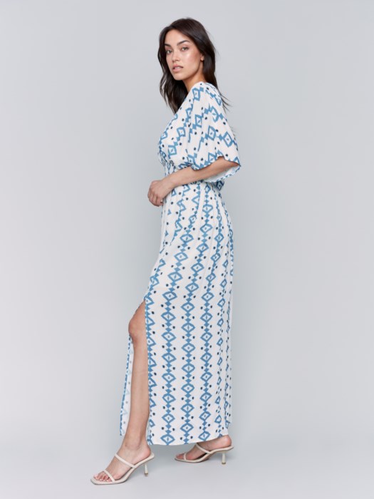 Charlie B Printed Dolman Sleeve Maxi Dress with Side Slits