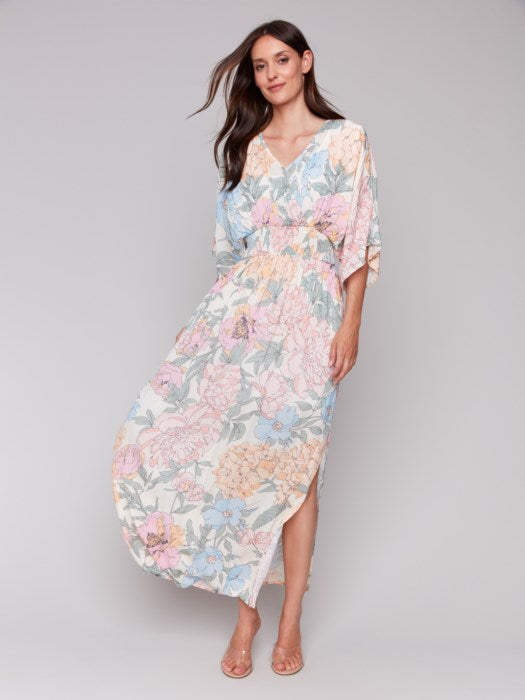 Charlie B Printed Dolman Short Sleeves Maxi Dress With Side Slits - Dahlia