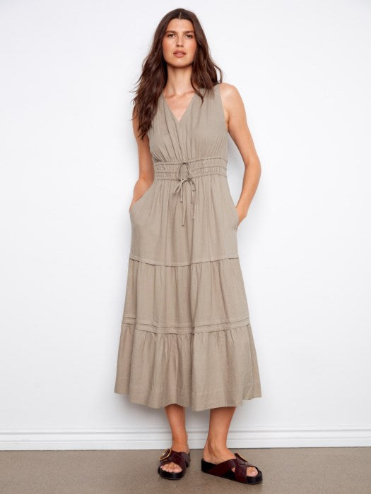 Charlie B V-Neck Tiered Linen Maxi Dress - Sage