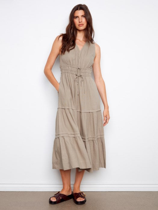 Charlie B V-Neck Tiered Linen Maxi Dress - Sage