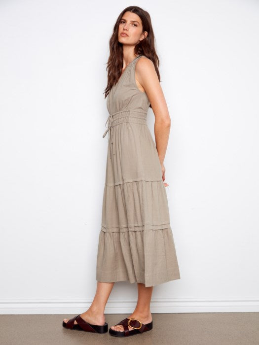 Charlie B V-Neck Tiered Linen Maxi Dress - Sage
