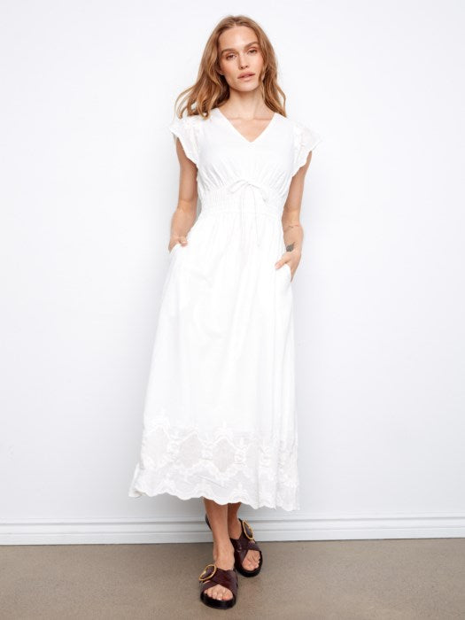 Charlie B V-Neck Elastic Waist Dress &amp; Ruffle Cap Sleeve White