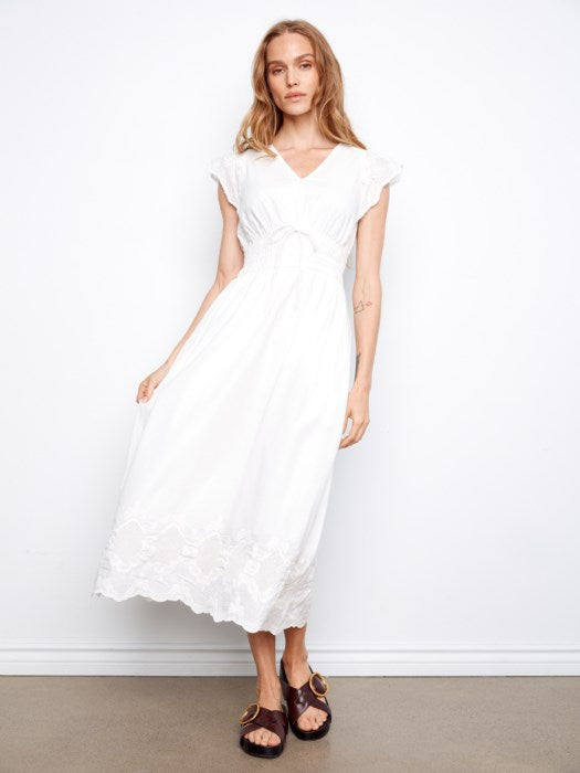 Charlie B V-Neck Elastic Waist Dress &amp; Ruffle Cap Sleeve White