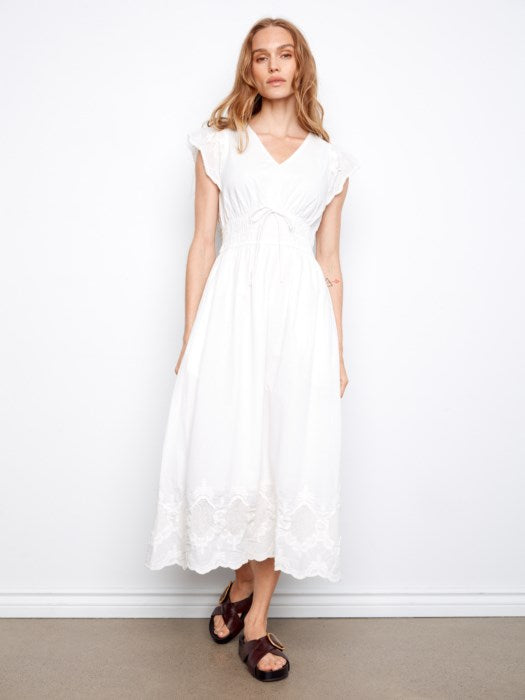 Charlie B V-Neck Elastic Waist Dress &amp; Ruffle Cap Sleeve White