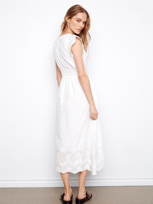 Charlie B V-Neck Elastic Waist Dress &amp; Ruffle Cap Sleeve White