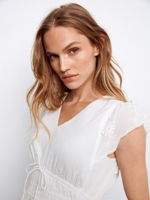 Charlie B V-Neck Elastic Waist Dress &amp; Ruffle Cap Sleeve White