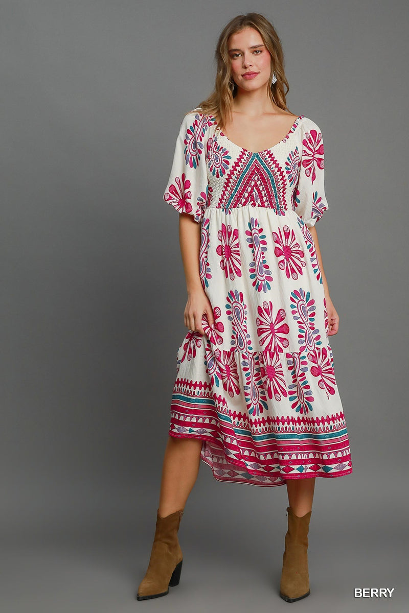 Border Printed Tiered Midi Dress - Berry