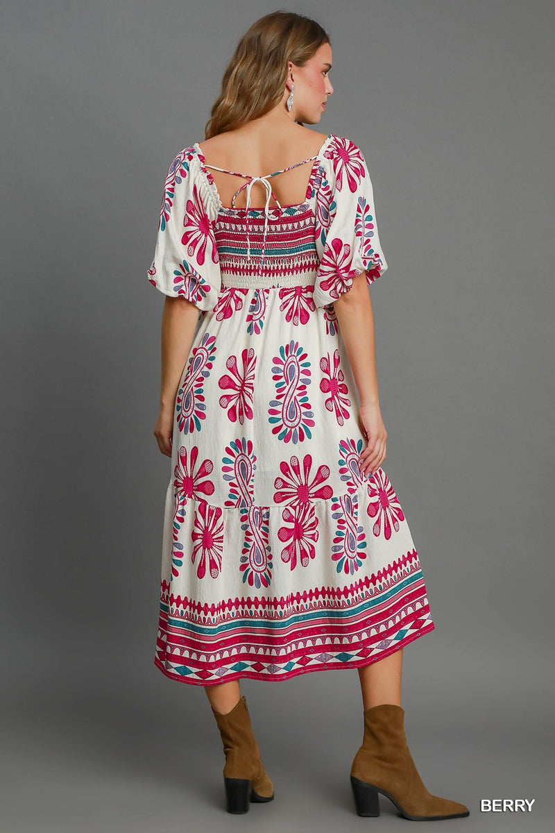 Border Printed Tiered Midi Dress - Berry