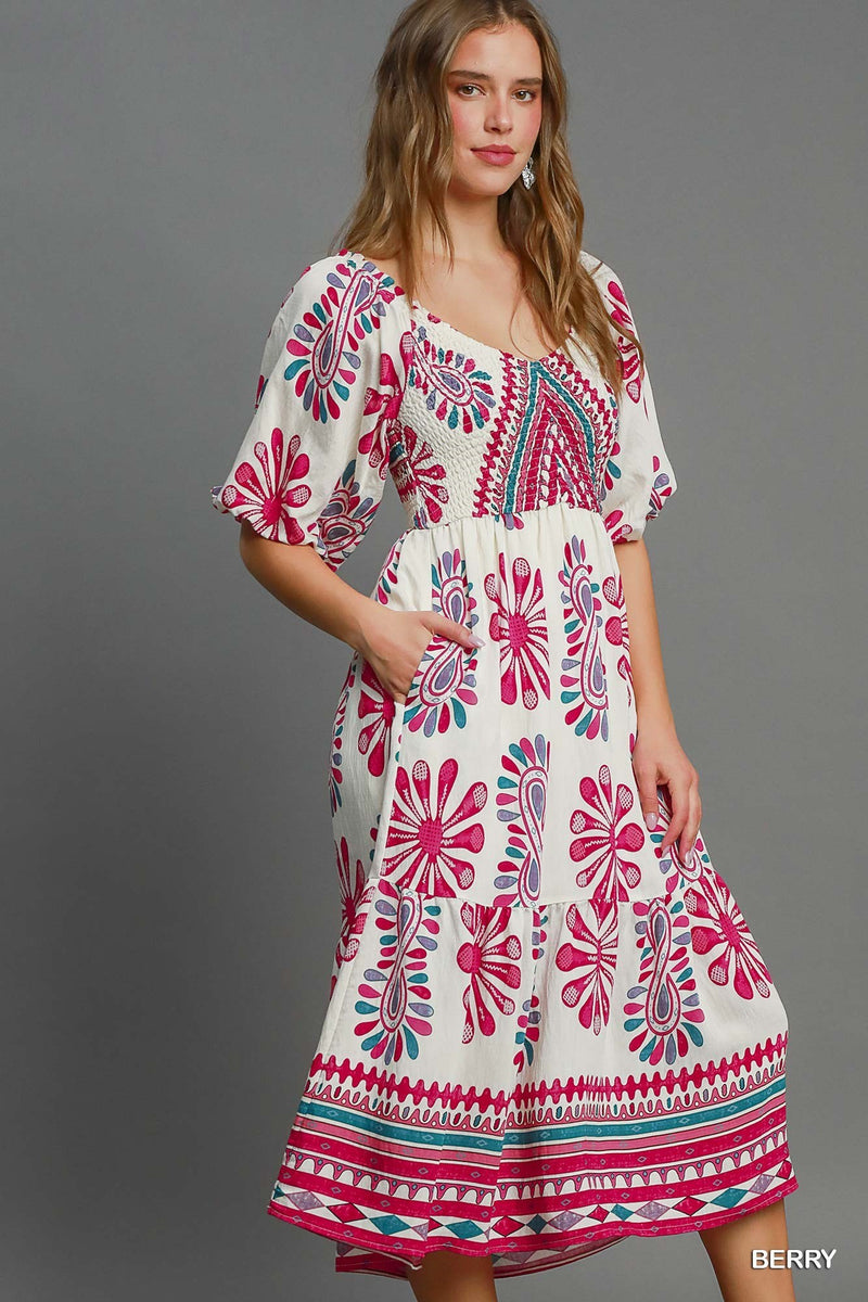 Border Printed Tiered Midi Dress - Berry