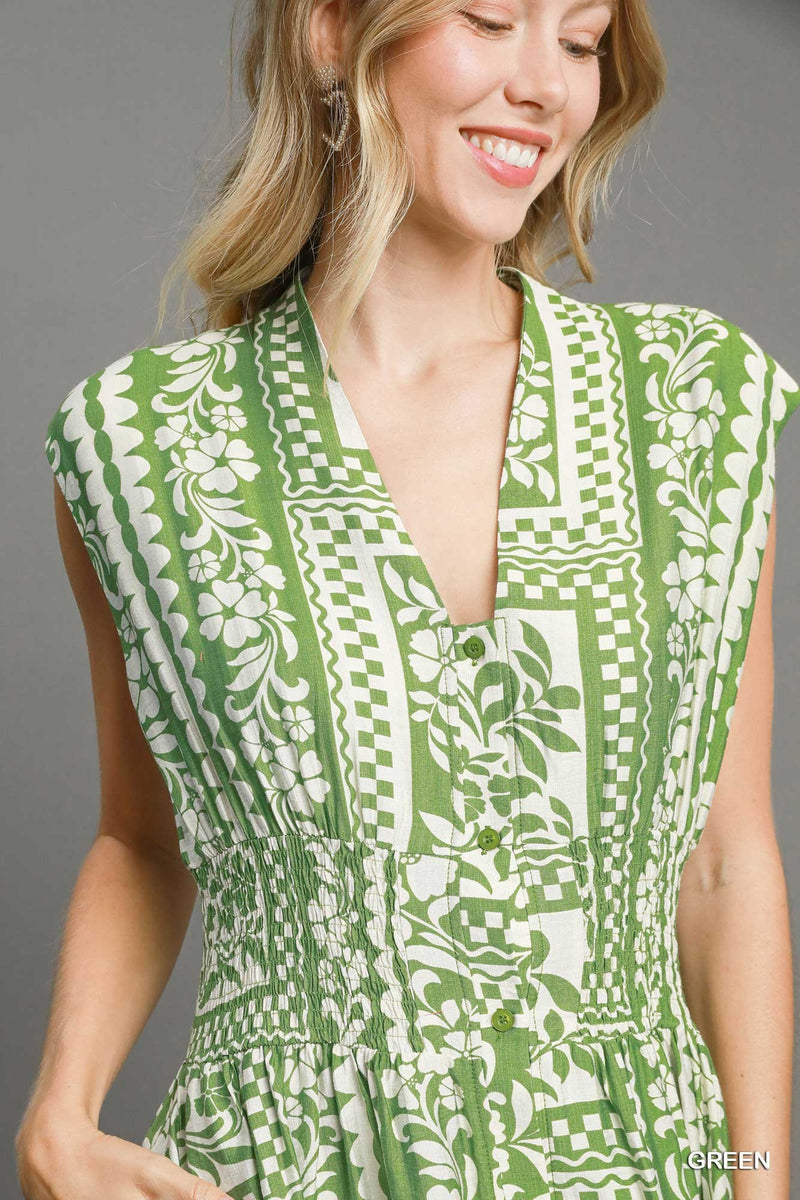 Mixed Print Sleeveless Dress - Green