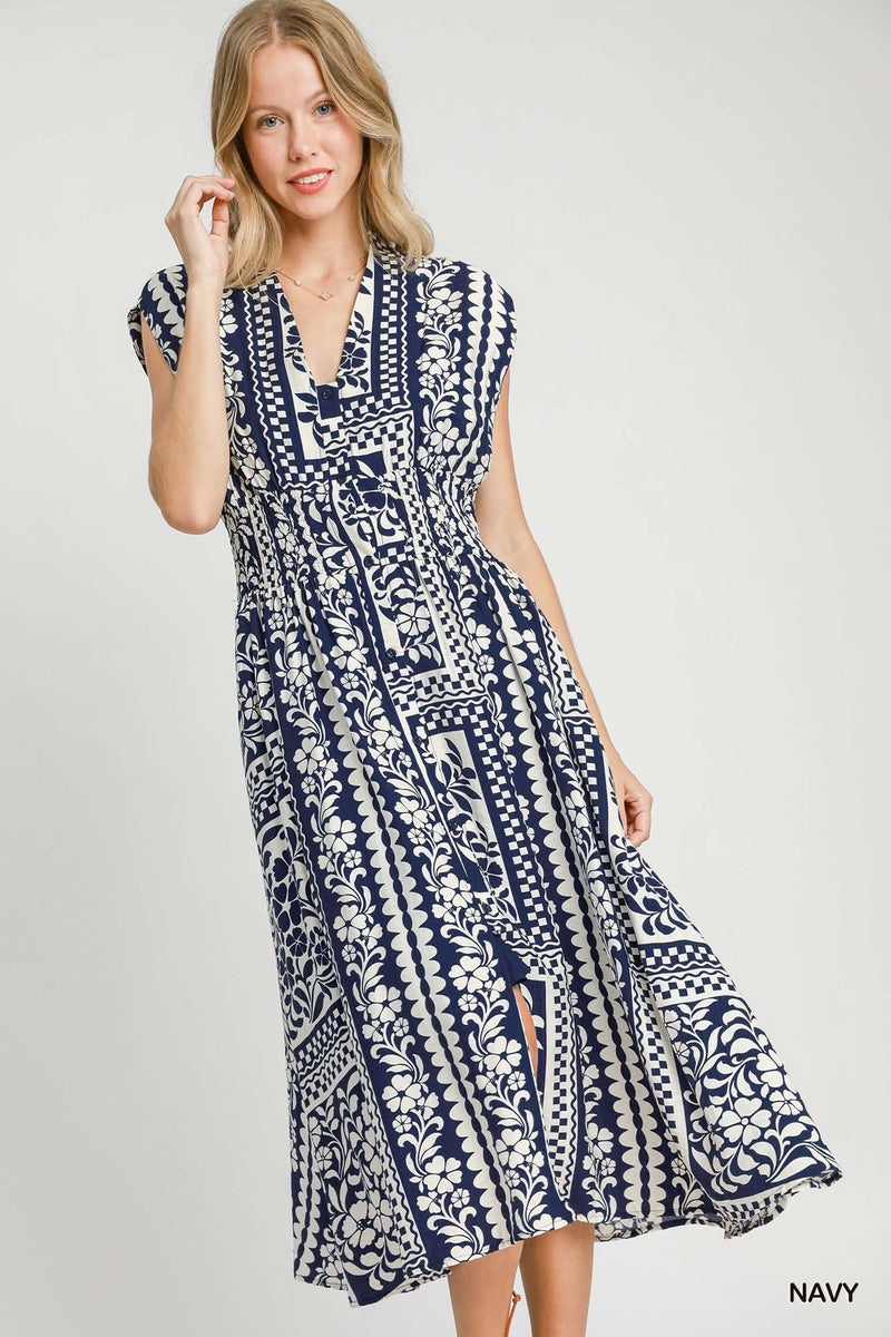 Mixed Print Sleeveless Dress - Navy