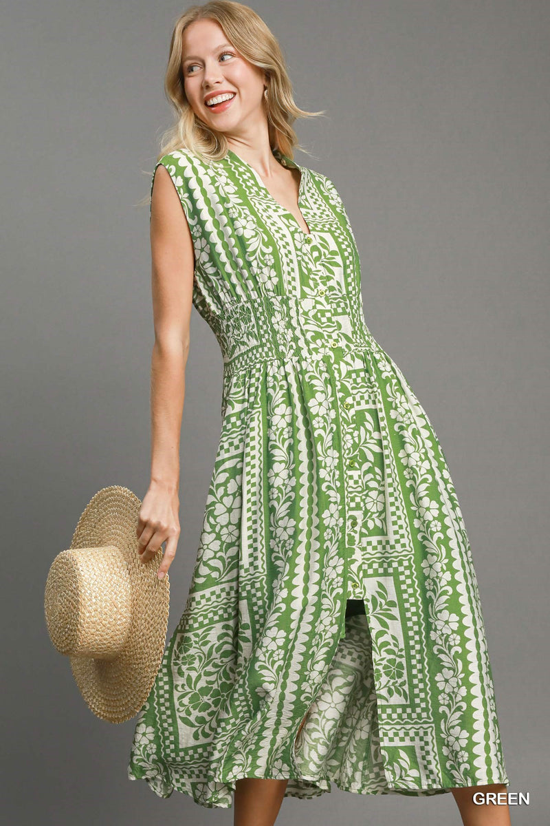 Mixed Print Sleeveless Dress - Green