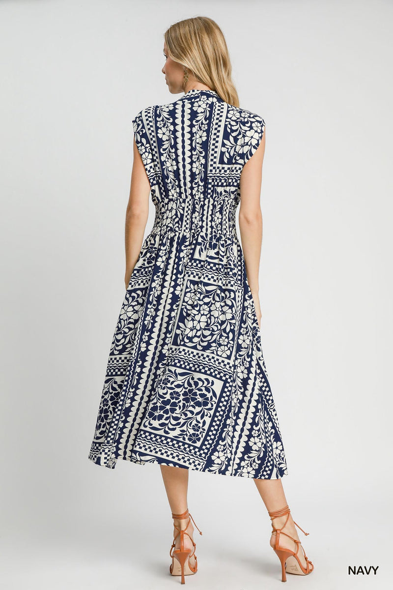 Mixed Print Sleeveless Dress - Navy