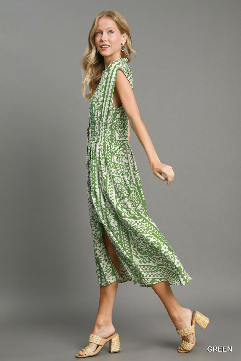 Mixed Print Sleeveless Dress - Green