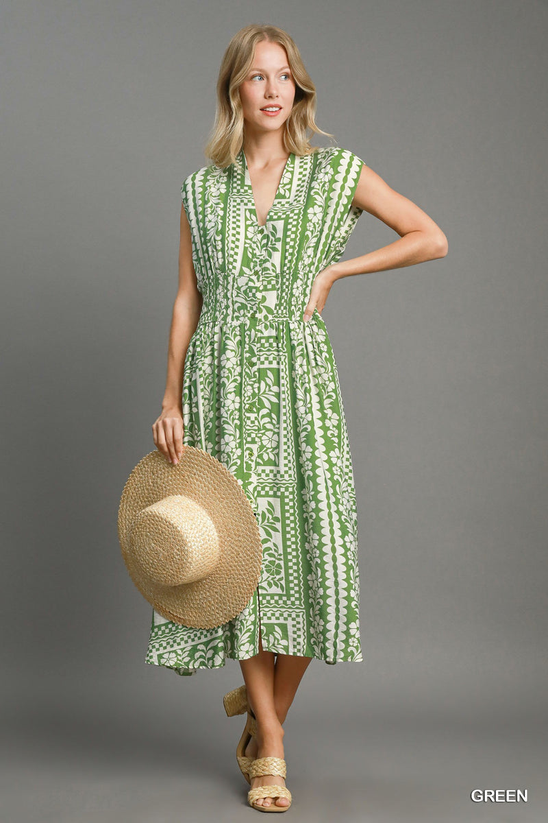 Mixed Print Sleeveless Dress - Green