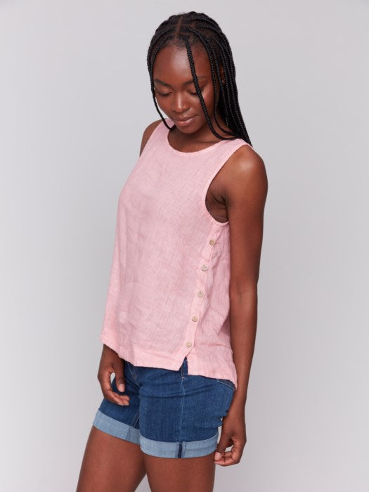 Charlie B Solid Linen Tank Top With Crew-Neck And Side Buttons - Guava