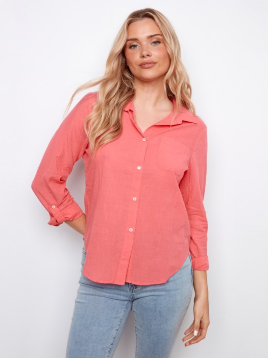 Charlie B Long Sleeve Shirt With Roll-Up Sleeves - Sorbet