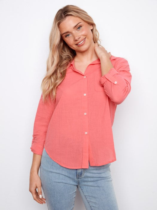 Charlie B Long Sleeve Shirt With Roll-Up Sleeves - Sorbet