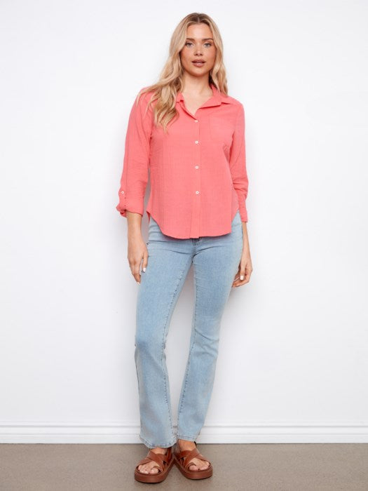 Charlie B Long Sleeve Shirt With Roll-Up Sleeves - Sorbet
