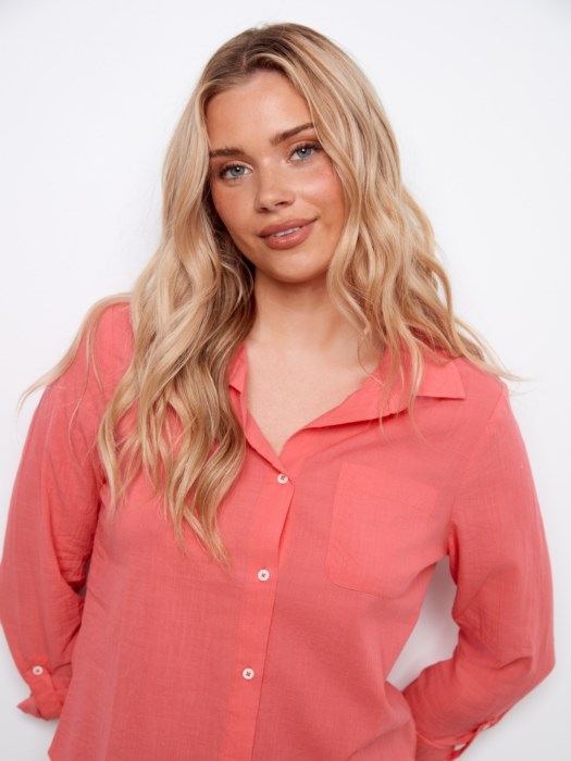 Charlie B Long Sleeve Shirt With Roll-Up Sleeves - Sorbet