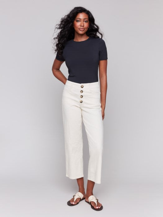 Charlie B Front Button-Fly Straight Crop Twill Pants