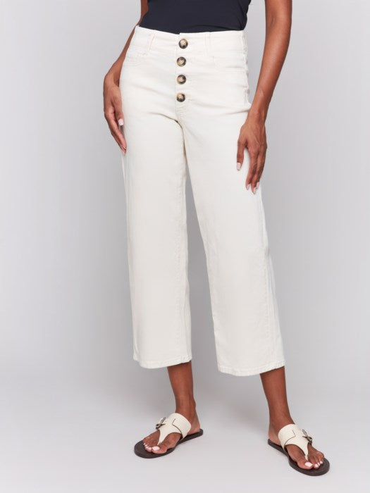 Charlie B Front Button-Fly Straight Crop Twill Pants