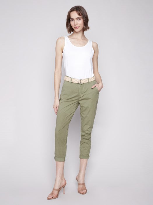 Charlie B Stretch Twill Slim Pant Leg With Belt - Celadon